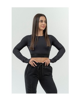 Women's Long Sleeve Crop Top Intense Perform Black - NEBBIA